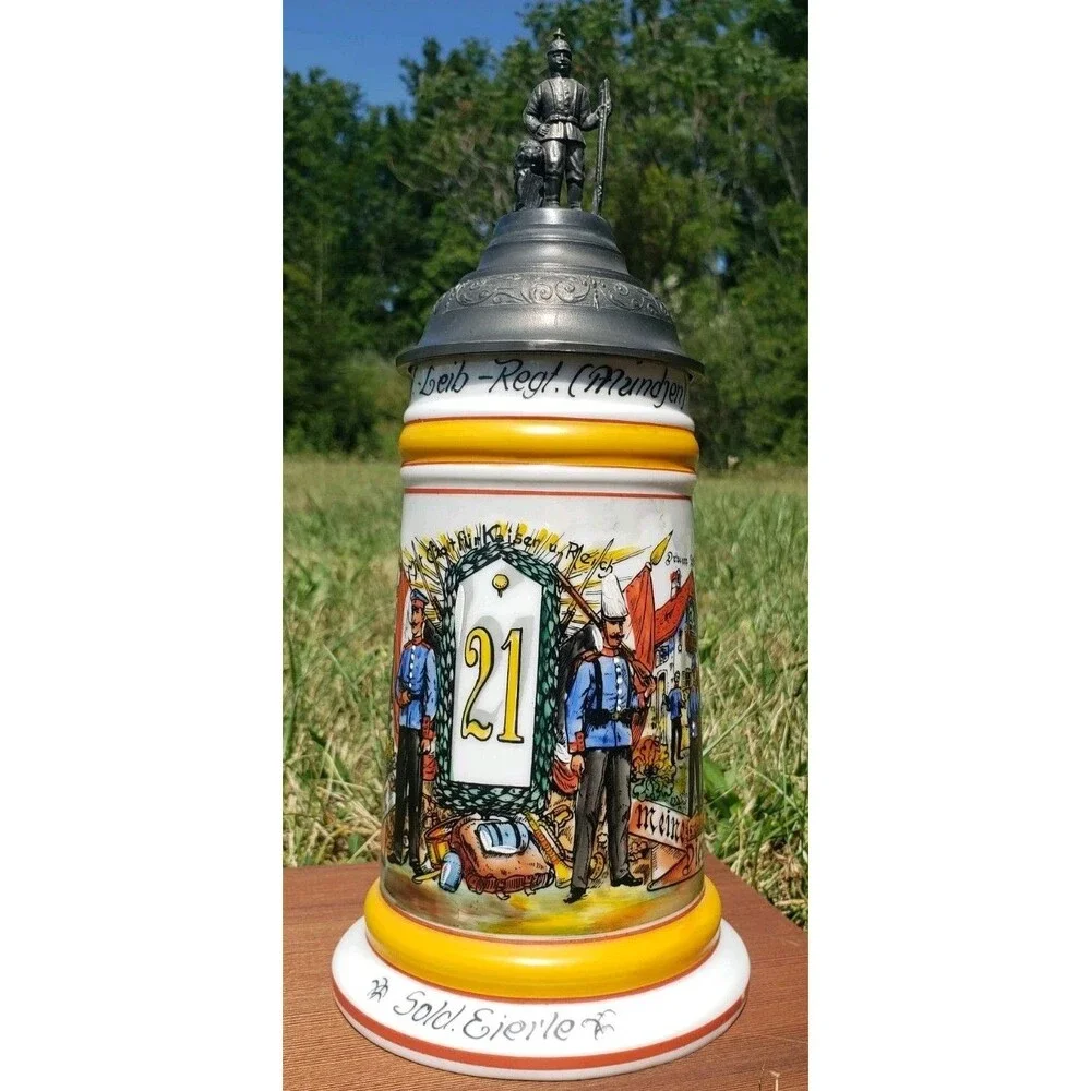 German Regimental Beer Stein Konig Munich Lithopane 1907-10 w/Pewter Lid Handle